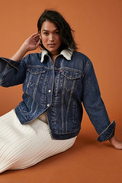 Shop Levi's Sherpa-trimmed Plus Denim Trucker Jacket In Blue