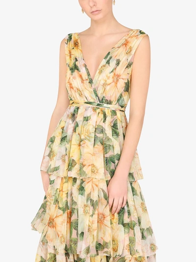 Shop Dolce & Gabbana Camellia-print Empire Line Dress In Green