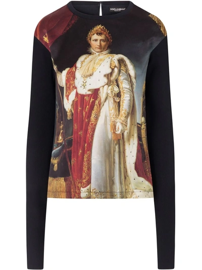 Dolce & Gabbana Satin And Knit T-shirt With Napoleon Print In 