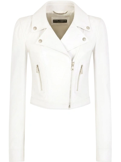 Shop Dolce & Gabbana Leather Biker Jacket In White
