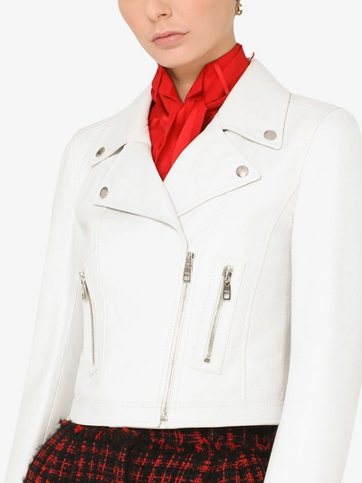 Shop Dolce & Gabbana Leather Biker Jacket In White