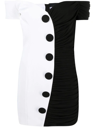 Shop Balmain Two-tone Off-shoulder Mini Dress In White ,black