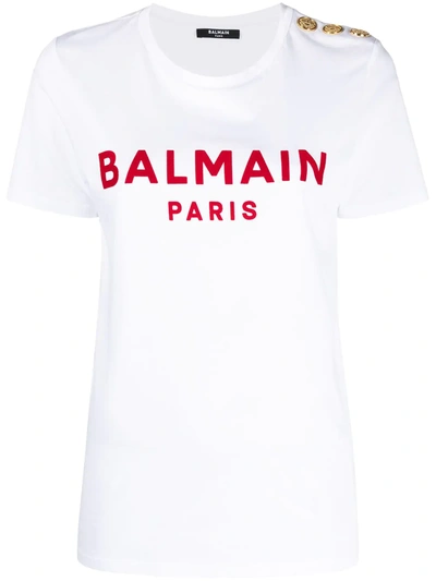 Shop Balmain Logo Print Cotton T-shirt In White