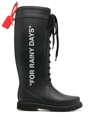 Shop Off-white Quote-motif Lace-up Rain Boots In Black