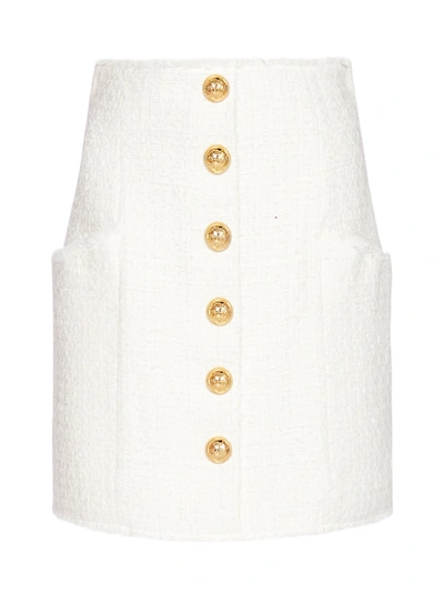 Shop Balmain Buttoned Cotton Tweed Miniskirt In Blanc
