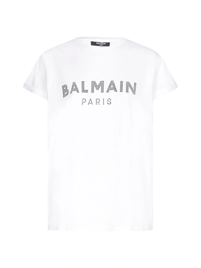 Shop Balmain Rhinestones Logo Cotton T-shirt In Blanc Noir