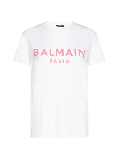 Shop Balmain Logo Cotton T-shirt In Blanc Rose