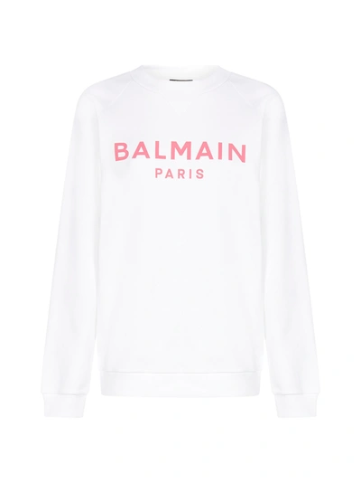 Shop Balmain Logo Cotton Sweatshirt In Blanc Rose