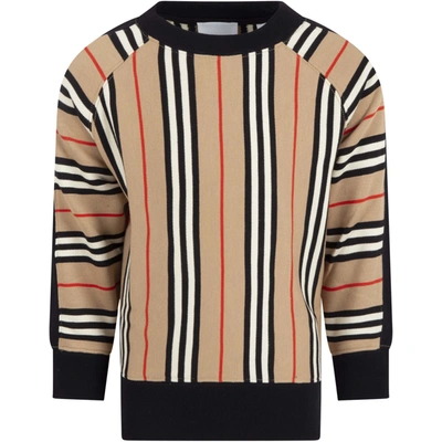 Shop Burberry Beige Sweat For Kids With Iconic Stripes