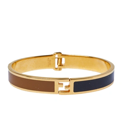 Pre-owned Fendi Sta Bi-color Enamel Gold Tone Bracelet S In Brown