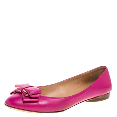 Pre-owned Ferragamo Pink Leather Bow Ballet Flats Size 36.5