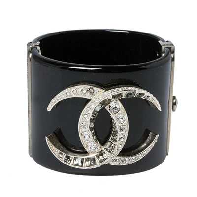 Pre-owned Chanel Cc Black Resin Crystal Studded Silver Tone Wide Cuff Bracelet