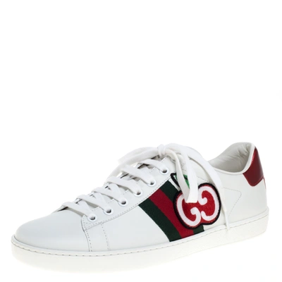 Pre-owned Gucci White Leather Ace Gg Apple Web Low Top Trainers Size 39.5