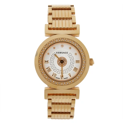 Pre-owned Versace Silver Gold Tone Stainless Steel Vanity P5q Women's Wristwatch 35 Mm