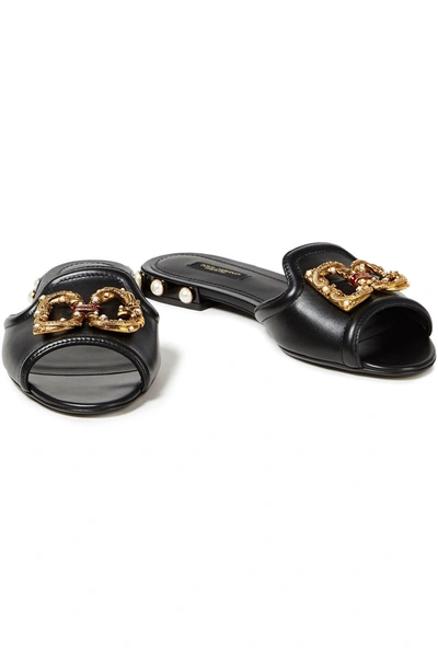 Shop Dolce & Gabbana Bianca Logo-embellished Leather Slides In Black