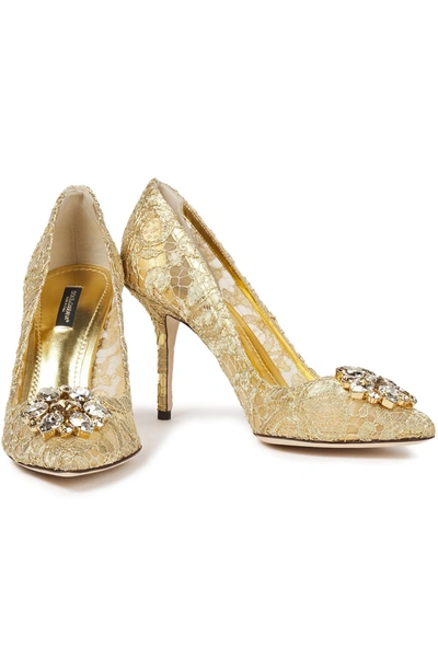Shop Dolce & Gabbana Bellucci Swarovski Crystal-embellished Metallic Corded Lace Pumps In Gold