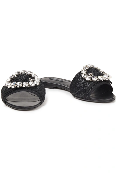 Shop Dolce & Gabbana Crystal-embellished Raffia Slides In Black