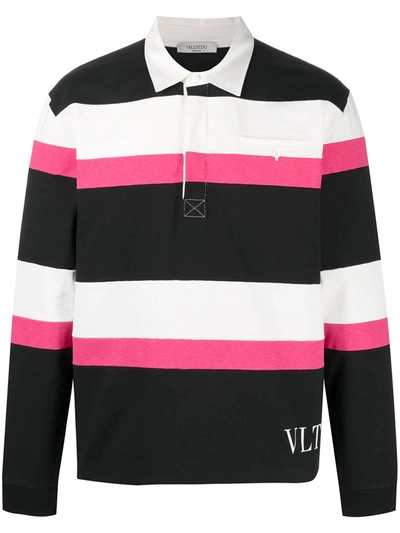 Shop Valentino Striped Polo Shirt In Black