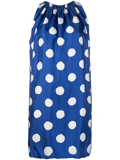 Shop Moschino Polka Dot Silk Shift Dress In Blue