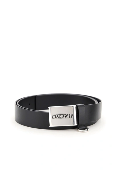Shop Ambush Leather Belt With Logo Buckle In Silver Black (black)