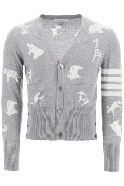 Shop Thom Browne Cardigan Animal Intarsia In Lith Grey (grey)