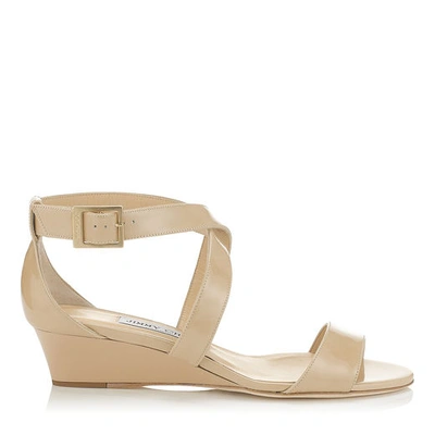 Shop Jimmy Choo Chiara Nude Patent Leather Wedge Sandals