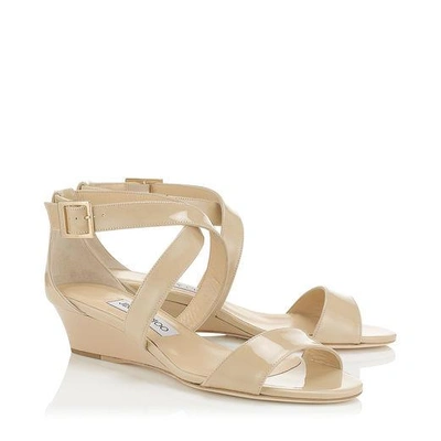 Shop Jimmy Choo Chiara Nude Patent Leather Wedge Sandals