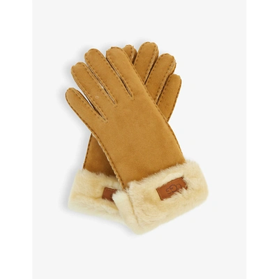 Shop Ugg Turn Cuff Shearling Gloves In Chestnut