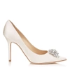 JIMMY CHOO Abel Ivory Satin Pointy Toe Pumps With Crystal Detail