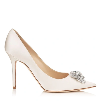 Jimmy Choo Abel Ivory Satin Pointy Toe Pumps With Crystal Detail