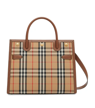 Shop Burberry Mini Vintage Check Title Tote Bag In Neutrals