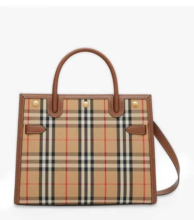 Shop Burberry Medium Vintage Check Title Tote Bag In Brown