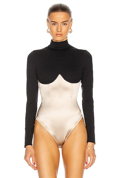 Fleur Du Mal Mock Neck Long Sleeve Bodysuit In Black & Bone
