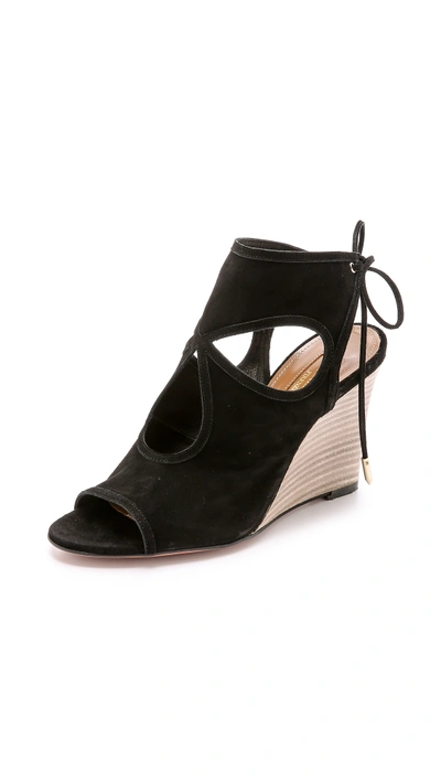 Aquazzura Sexy Thing Suede 85mm Wedge Sandal, Black