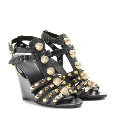 Shop Balenciaga Leather Studded Wedges In Aethracite