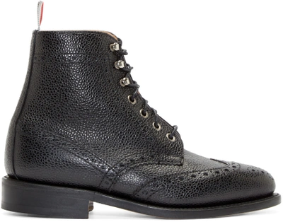 Shop Thom Browne Black Leather Brogue Ankle Boots
