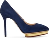 CHARLOTTE OLYMPIA Navy & Gold Suede Debbie Pumps