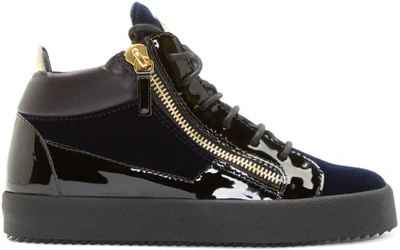 Shop Giuseppe Zanotti Navy Velvet Mid-top Veronica Sneakers