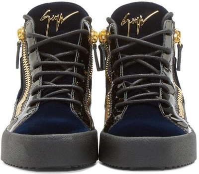 Shop Giuseppe Zanotti Navy Velvet Mid-top Veronica Sneakers