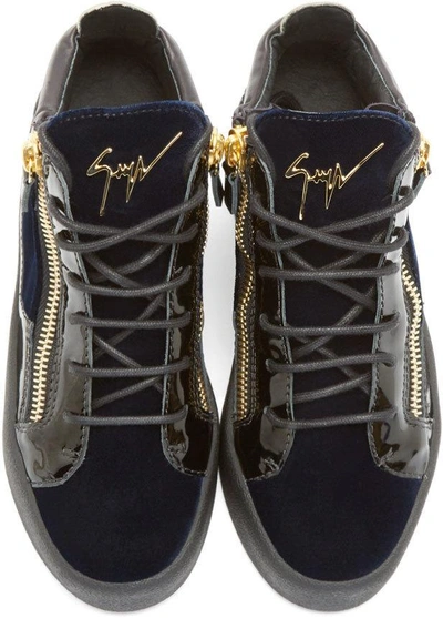 Shop Giuseppe Zanotti Navy Velvet Mid-top Veronica Sneakers