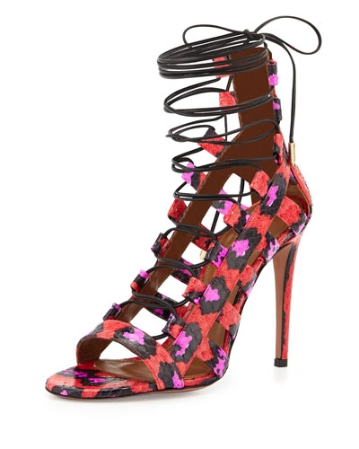 Aquazzura Amazon Strappy Snakeskin Sandal, Candy Lipstick