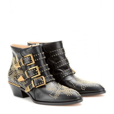 Chloé Susanna Studded Buckled Leather Ankle Boots In Llack