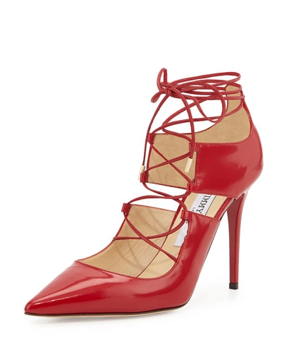 Jimmy Choo Hoops 100 Ballet Pink Shiny Leather Pointy Toe Lace Up Pumps In Red