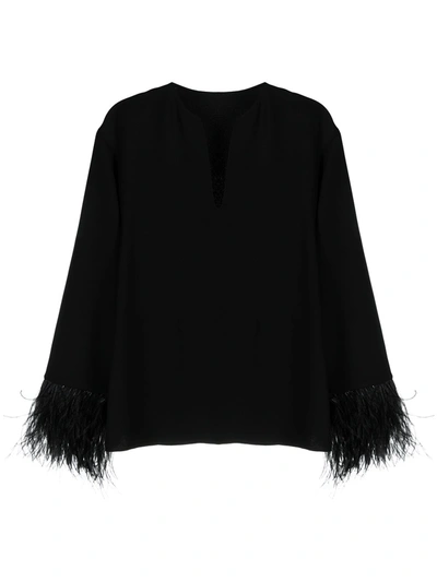 Shop Valentino Silk Feathered Top In Black