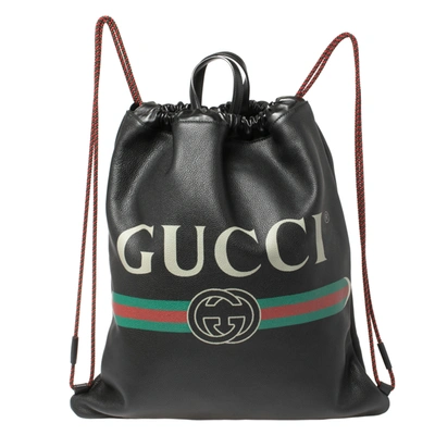 Pre-owned Gucci Black Soft Grain Leather Logo Drawstring Backpack