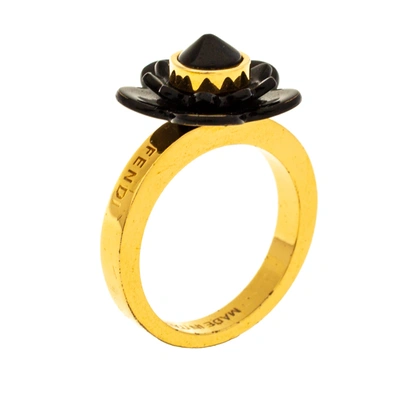 Pre-owned Fendi Gold Tone Black Flowerland Ring S
