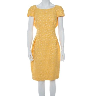 Pre-owned Ch Carolina Herrera Yellow Floral Jacquard Sheath Dress Xl