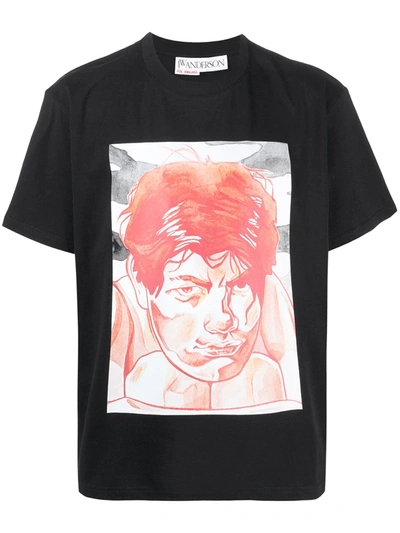 Shop Jw Anderson Oversized Printed Face T-shirt In Black