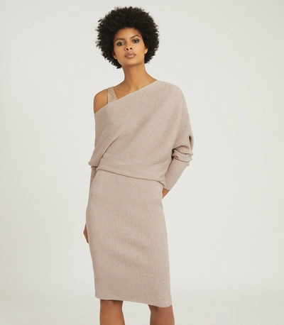 Shop Reiss Off-the-shoulder Ribbed Dress In Stone