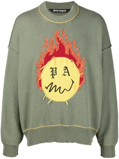 Shop Palm Angels Burning Head Knitted Jumper In Green